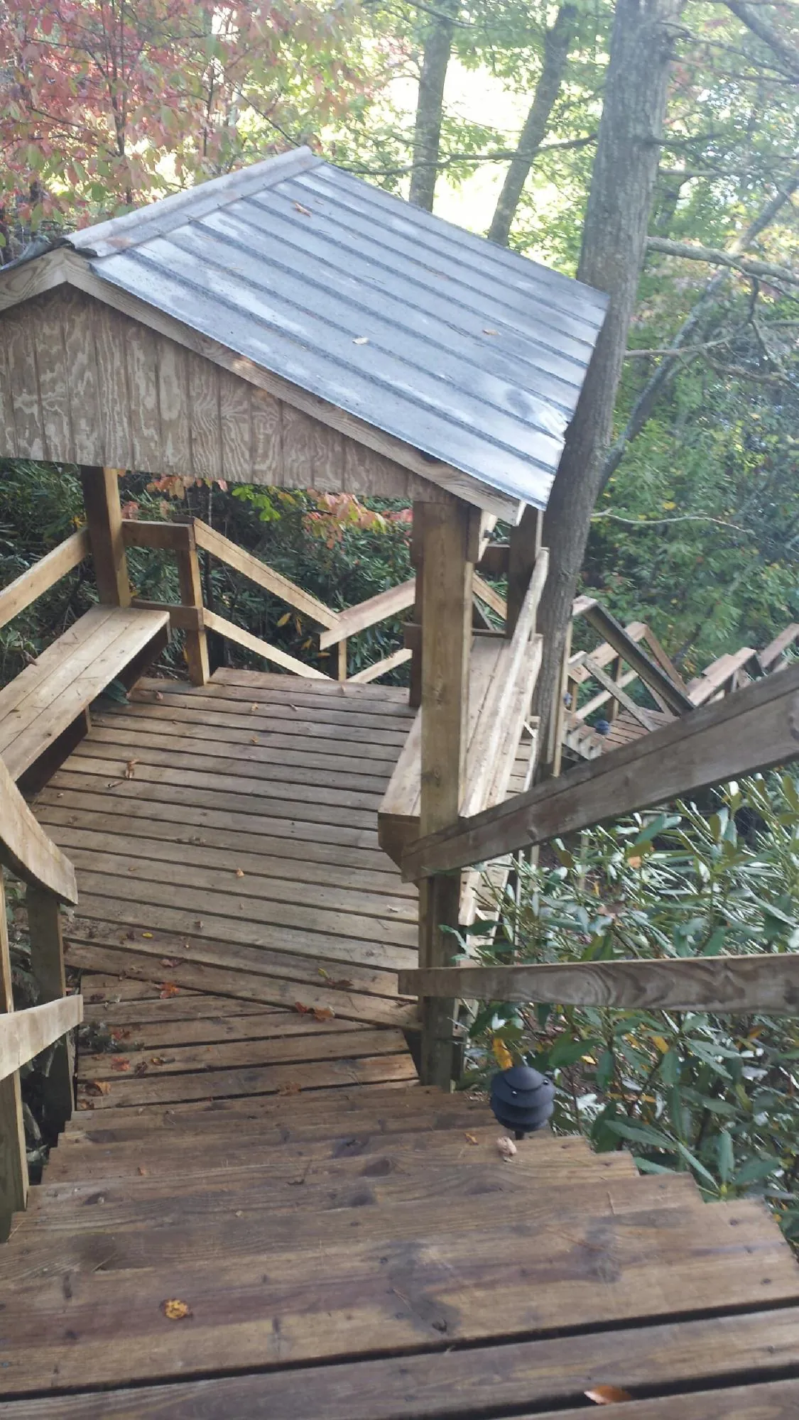 Metal roofed shelter over wooden steps on a wooded walkway — Skylight Repair & Installation work by our crew in Dearborn Heights